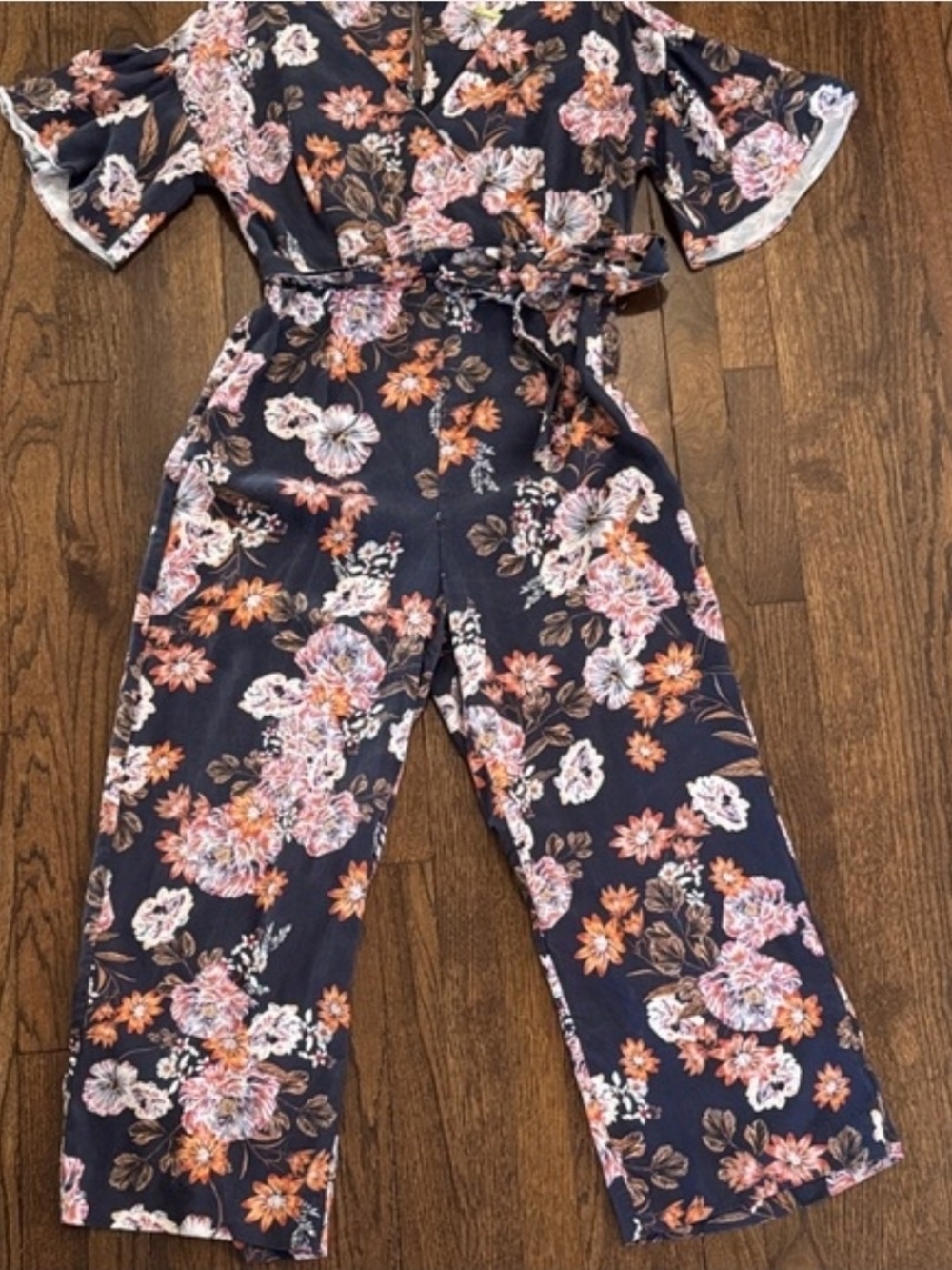 Gianni Bini Navy Floral Wrap Jumpsuit with Pink and Orange Blooms